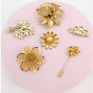 VGT Gold Tone Floral Brooch Lot Mixed Daisy Rose Stick Mesh Flower Leaf 6pc